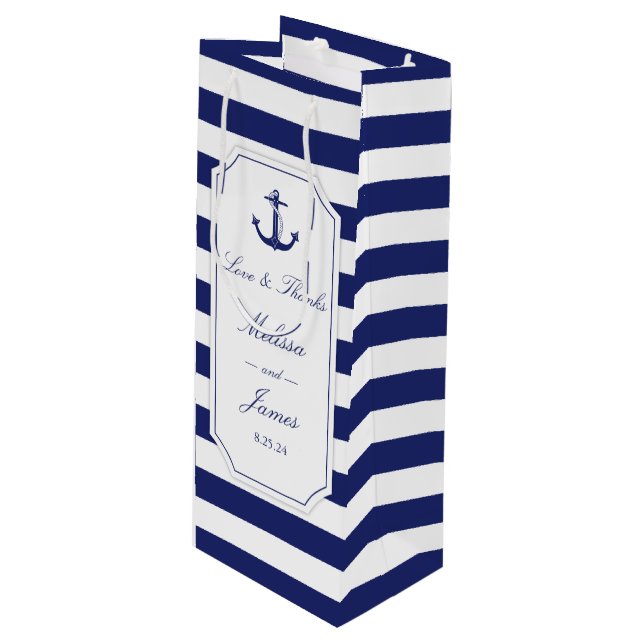 Bolsa Para Vino Nautical Anchor Navy Stripe Love Gracias Boda (Angulo Anverso)