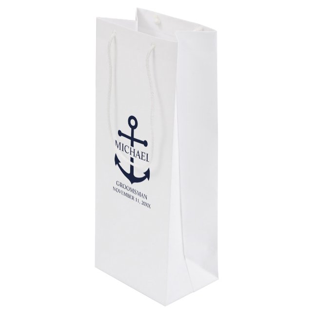 Bolsa Para Vino Nautical Navy Blue Anchor Personalizado Groomsmen (Angulo Anverso)