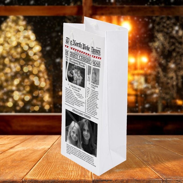 Bolsa Para Vino Navidades caprichosos del collage de fotos adoran  (Merry Christmas whimsical photo newspaper gift bag. )