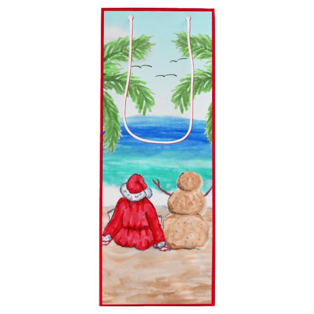 Bolsa Para Vino Navidades de Santa y Sand Snowman en la playa (Anverso)