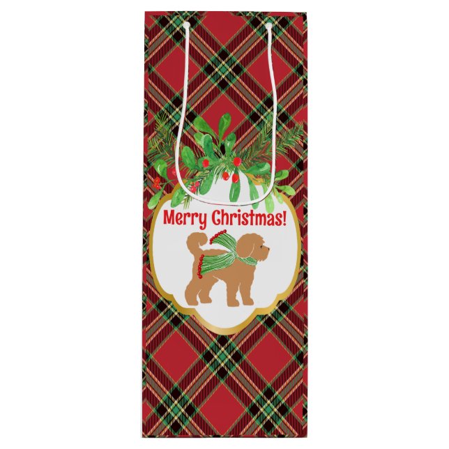 Bolsa Para Vino Navidades Doodle Dog Red Plaid Personalizado (Anverso)