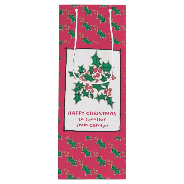 Bolsa Para Vino Navidades holly y bayas dibujando, tus palabras (Anverso)