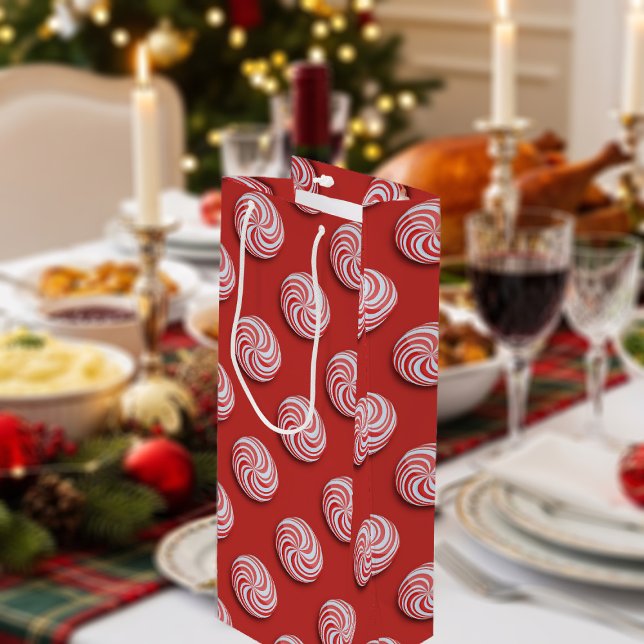 Bolsa Para Vino Navidades Peppermint Candy Festive Wine Gift Bag (Bright red peppermint candy swirls pattern on this Christmas wine gift bag. Fun and festive!)