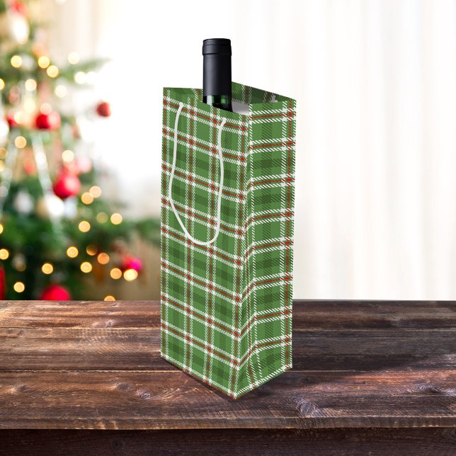 Bolsa Para Vino Navidades Rústico Campesino Verde de vacaciones (Green simple plaid pattern wine gift bag)