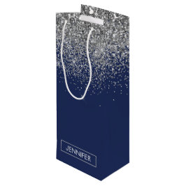 Bolsa Para Vino Nombre Monograma Glitter Azul Marino Plateado Feme