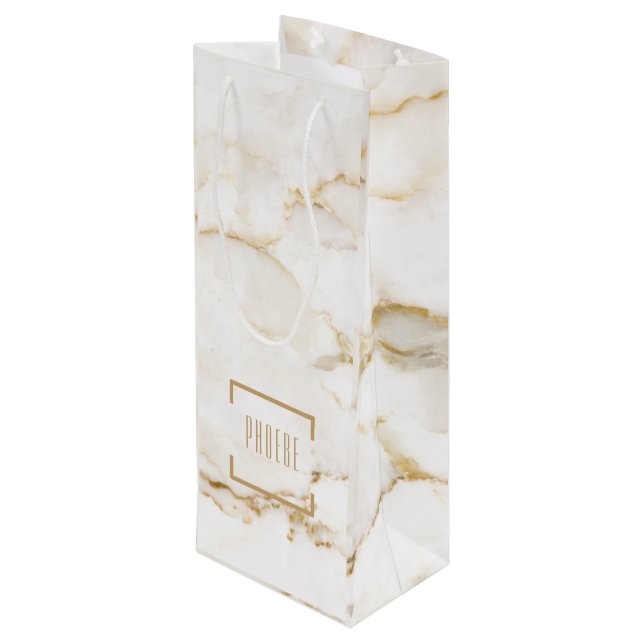 Bolsa Para Vino Nombre personalizado efecto oro mármol (Angulo reverso)