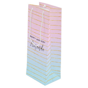 Bolsa Para Vino Ombre azul rosado con línea de oro Cumpleaños