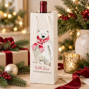 Bolsa Para Vino Oso Polar de Navidad con Bufanda Roja en Acuarela