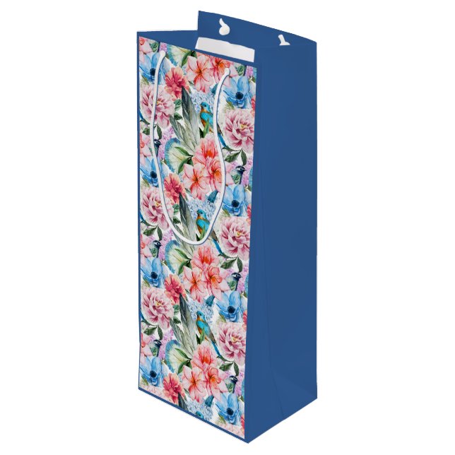 Bolsa Para Vino Pájaros de patrón floral Flores de oliva Azul verd (Angulo reverso)