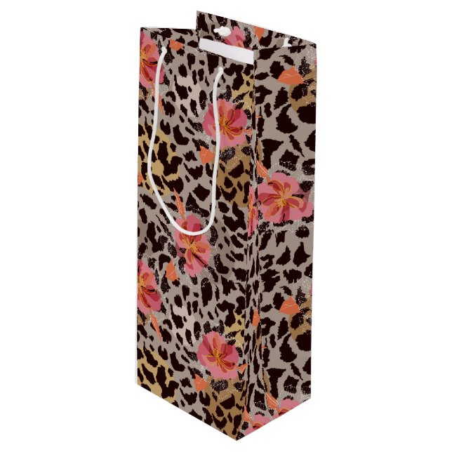 Bolsa Para Vino Patrón animal leopardo Flores rosadas tropicales (Angulo Anverso)