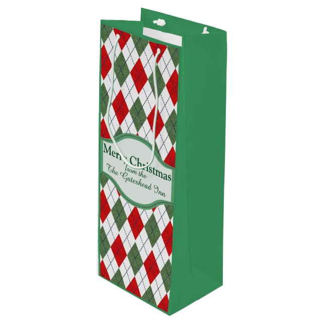 Bolsa Para Vino Patrón argyle verde y rojo personalizado (Angulo Anverso)