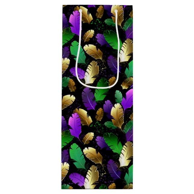 Bolsa Para Vino Patrón continuo con plumas de Mardi Gras (Anverso)