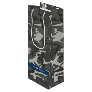 Bolsa Para Vino Patrón de camuflaje gris, tu nombre, personalizado