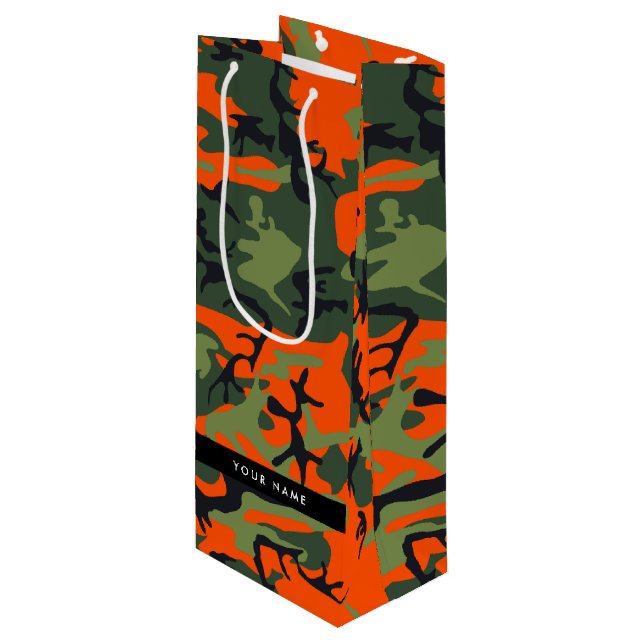Bolsa Para Vino Patrón de camuflaje naranja, tu nombre, personaliz (Angulo Anverso)