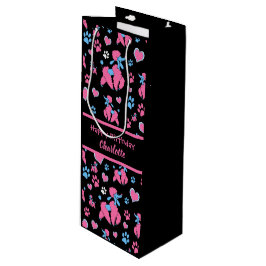 Bolsa Para Vino Patrón de Caniche Rosa y Azul sobre Fondo Negro