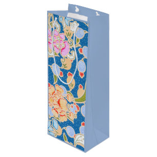 Bolsa Para Vino Patrón de estilo Batik Puntos Flores Fondo azul