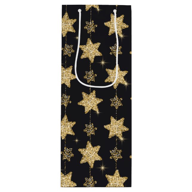 Bolsa Para Vino Patrón de estrellas de Purpurina de Glam Negro (Anverso)