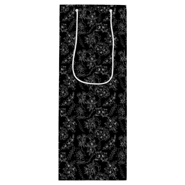Bolsa Para Vino Patrón de flores planas 01b Negro BG (Anverso)
