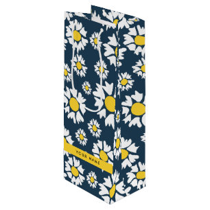 Bolsa Para Vino Patrón de margaritas, margaritas blancas, tu nombr