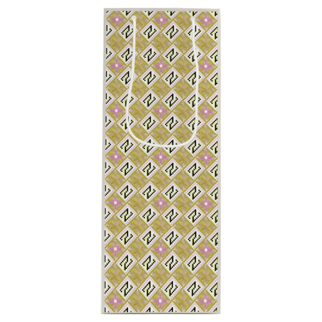 Bolsa Para Vino Patrón Tribal Geométrico Moderno de Oliva y Magent (Anverso)