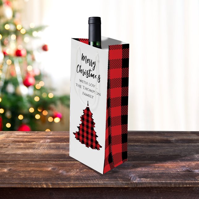 Bolsa Para Vino Personalizado Rustic Merry Christmas Buffalo Check (Merry Christmas holiday Christmas tree wine gift bag)