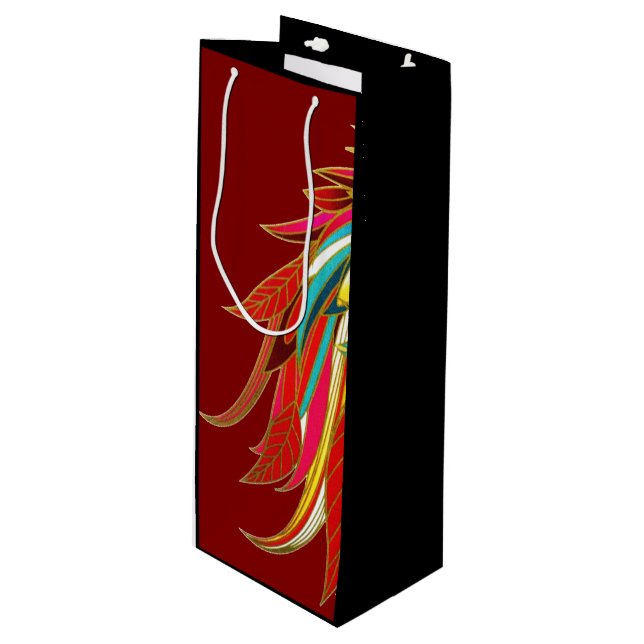 Bolsa Para Vino Plumas exóticas rojas y negras (Angulo Anverso)