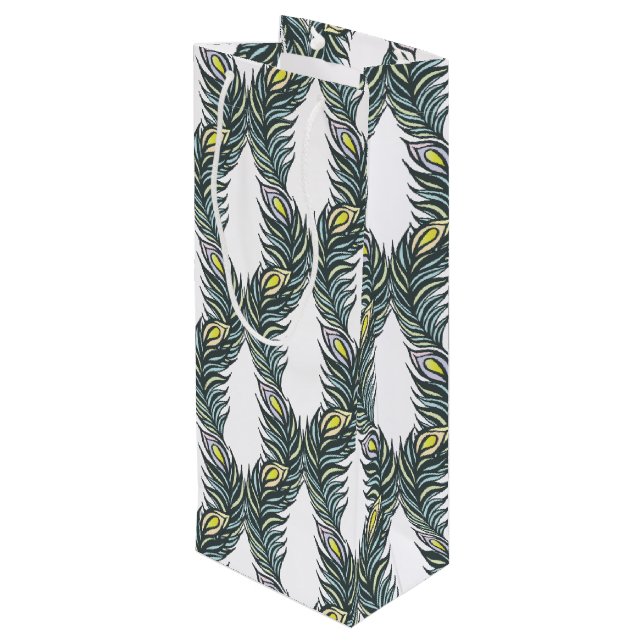Bolsa Para Vino plumas rusticas de pavo real, negro, verde y blanc (Angulo reverso)