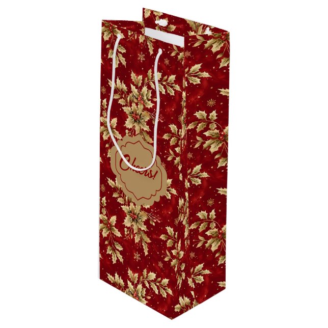 Bolsa Para Vino Poinsettias Metalizado de oro en rojo (Angulo Anverso)