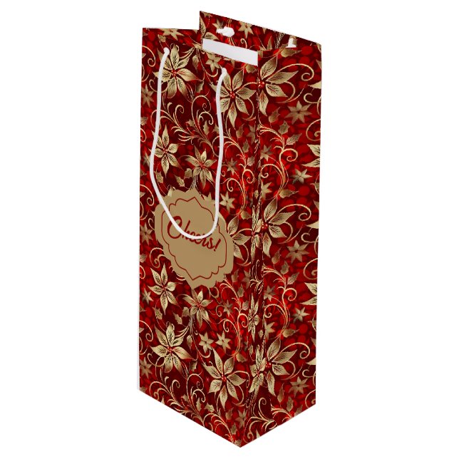 Bolsa Para Vino Poinsettias Metalizado de oro en rojo (Angulo Anverso)