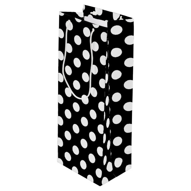 Bolsa Para Vino Pos de polka blanco sobre negro (Angulo Anverso)