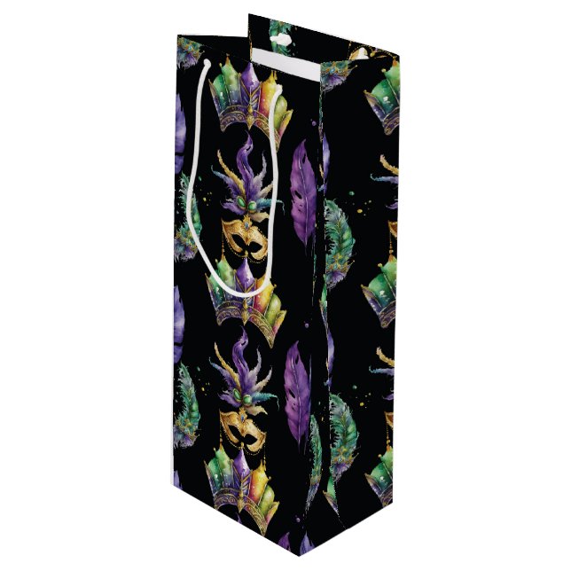 BOLSA PARA VINO PURPLE GREEN GOLD MARDI GRAS MASKS FEATHERS (Angulo Anverso)