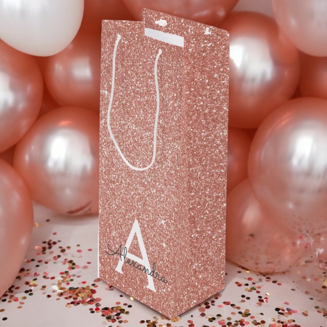 Bolsa Para Vino Purpurina de oro rosa y monograma de espuma (Subido por el creador)