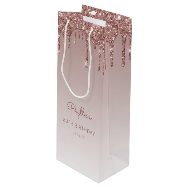 Bolsa Para Vino Purpurina Drip 80th Birthday Rosa Gold (Angulo Anverso)