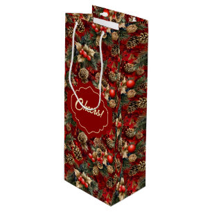 Bolsa Para Vino Red Gold Holly Berries Pine Cones