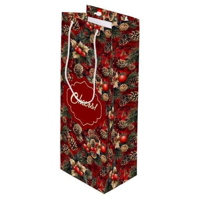 Bolsa Para Vino Red Gold Holly Berries Pine Cones (Angulo Anverso)