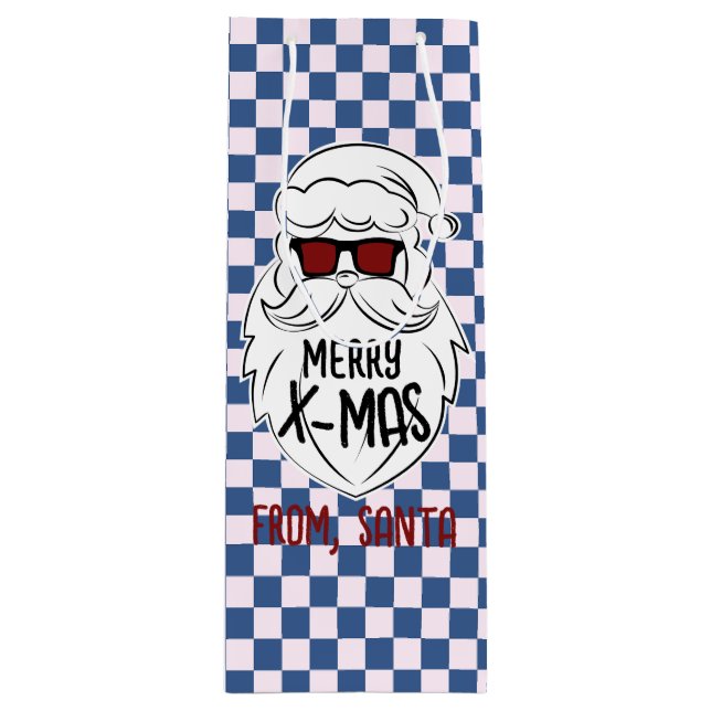 Bolsa Para Vino Retro Groovy Blue Checkered Santa Claus Christmas  (Anverso)