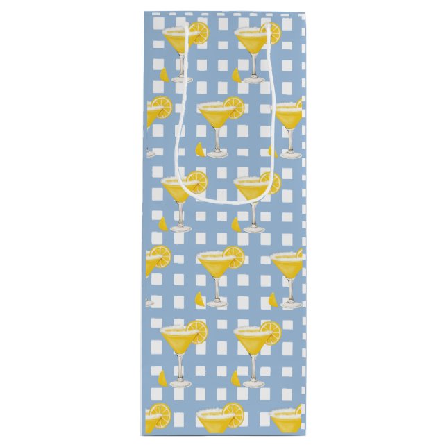 Bolsa Para Vino Retro Sunny Yellow Lemon Drop Blue Check (Anverso)