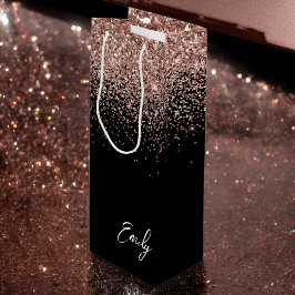 Bolsa Para Vino Rosa Negra Girly Glitter Monograma Dorado Rosado