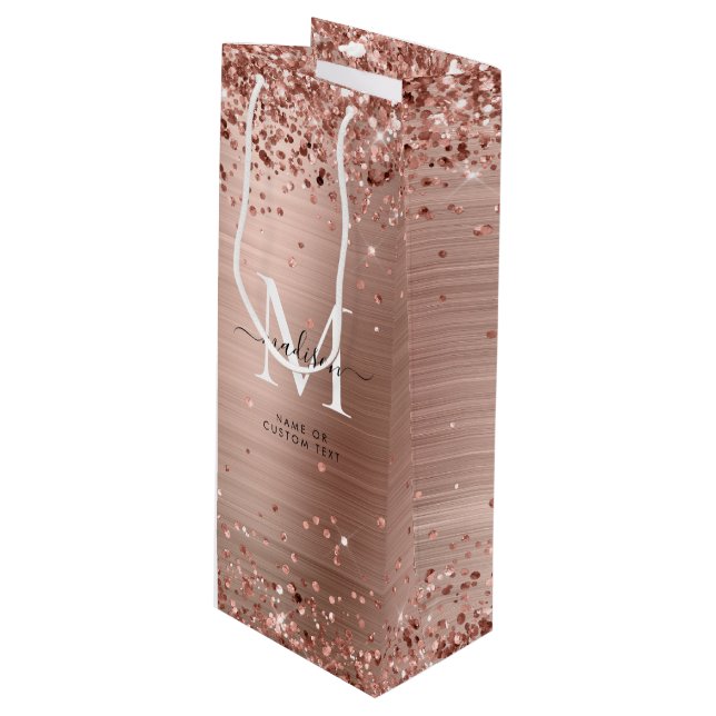 Bolsa Para Vino Rosa Purpurina de oro con guión de monograma Metal (Angulo Anverso)