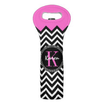 Rosas fuertes y negro Chevron con monograma