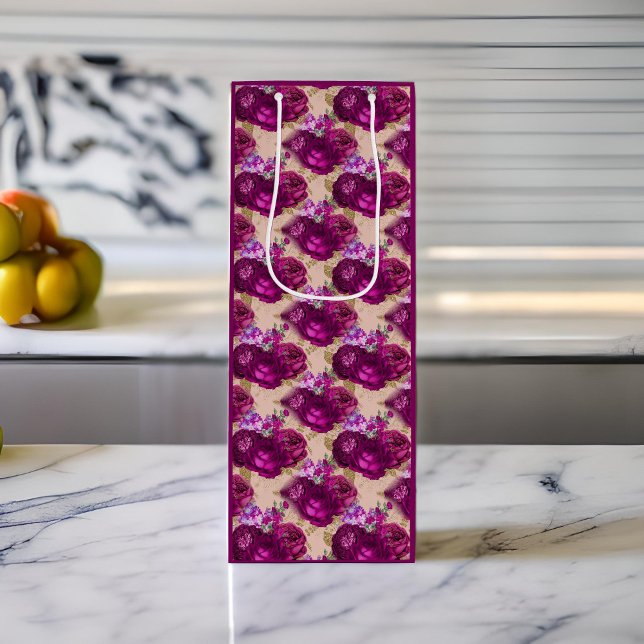 Bolsa Para Vino Rosas magenta románticos y hojas de oro en foso (Subido por el creador)
