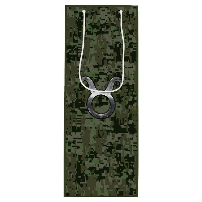 Bolsa Para Vino Rótulo Taurus Zodiac en camuflaje digital de Woodl (Anverso)