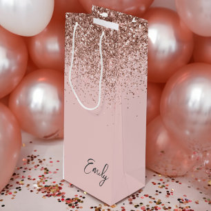 Bolsa Para Vino Rubor Rosa Dorado Femenino Monograma con Brillo