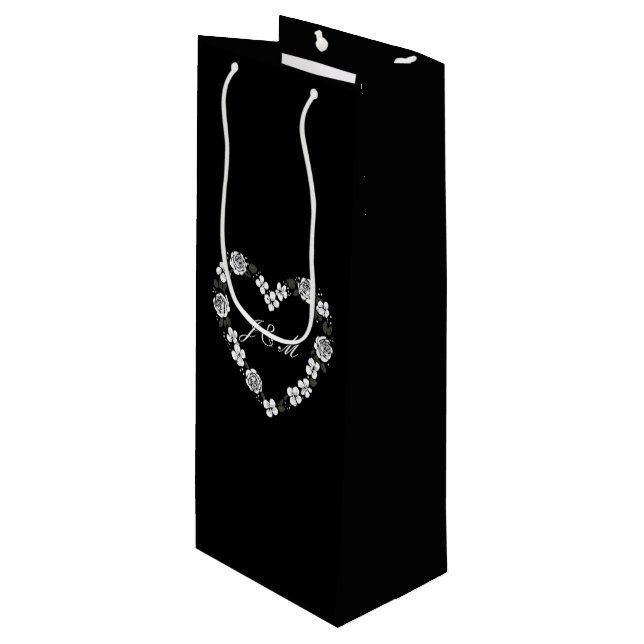 Bolsa Para Vino Sac cadeau vin mariage noir et blan coeur floral  (Angulo Anverso)