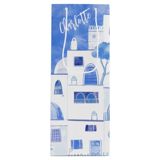 Bolsa Para Vino Santorini Watercolor Personalizado (Anverso)
