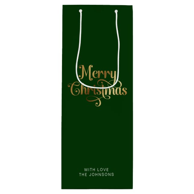 Bolsa Para Vino Simple Retro Script Green Gold Feliz Navidad (Anverso)