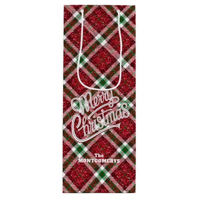 Bolsa Para Vino Sparkly Merry Christmas Plaid  (Anverso)