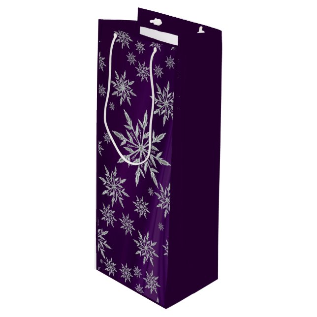 Bolsa Para Vino Sparkly Silver Snowflakes en morado (Angulo Anverso)