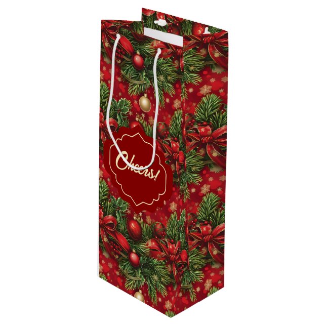 Bolsa Para Vino Spruce Boughes y Navidades bolas verde rojo (Angulo Anverso)
