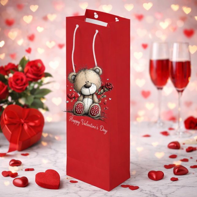 Bolsa Para Vino Valentine Teddy Bear with Rose and Hearts (Subido por el creador)